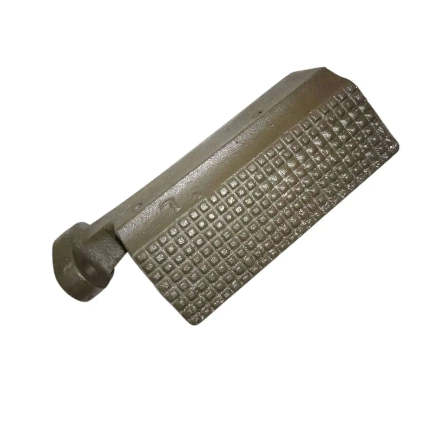 Tractor foot rest in dark olive metal with diamond tread and rounded mounting end