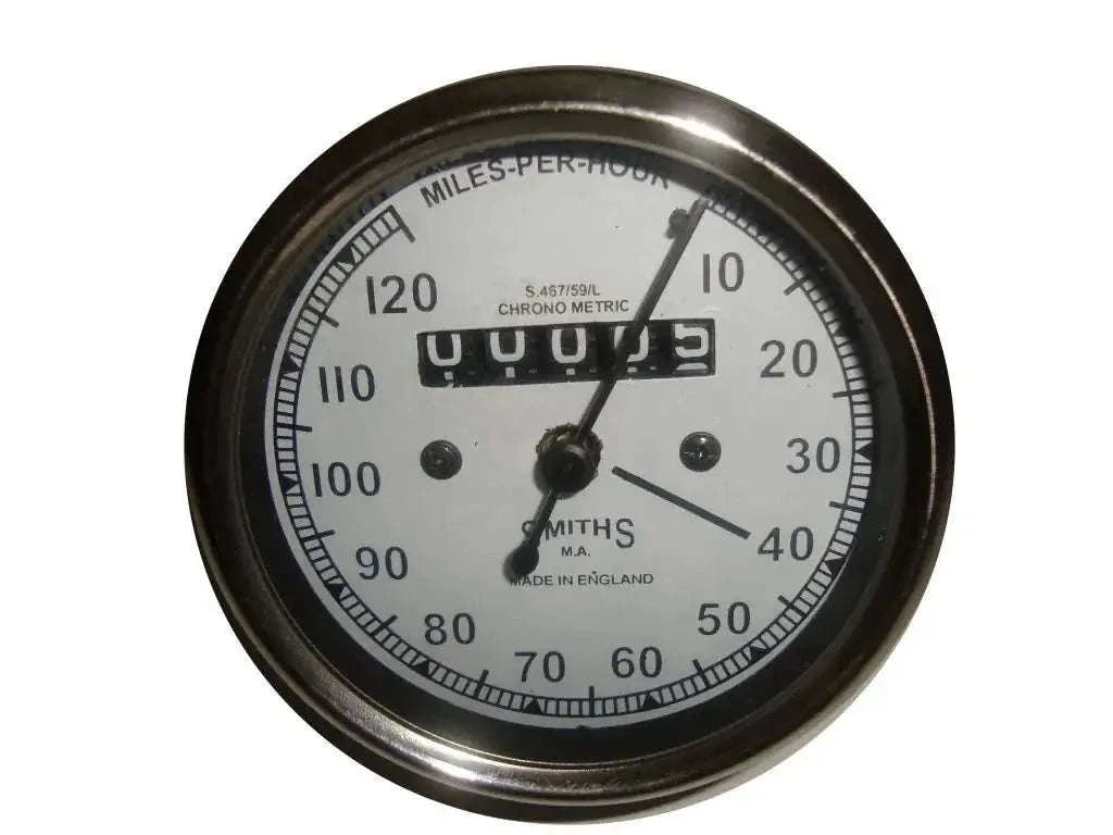 Speedometer gauge with white face and 0–120 MPH scale, black bezel and pointer needle