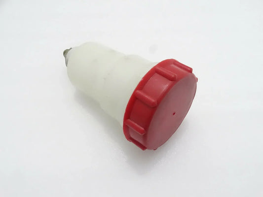 Plastic reservoir fit for JCB 3CX with a red cap for easy access and fluid storage