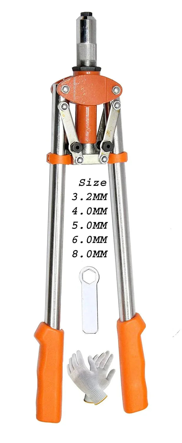 Steel rivet gun with adjustable sizes 3.2mm, 4.0mm, 5.0mm, 6.0mm, and 8.0mm for precise rivet installation.
