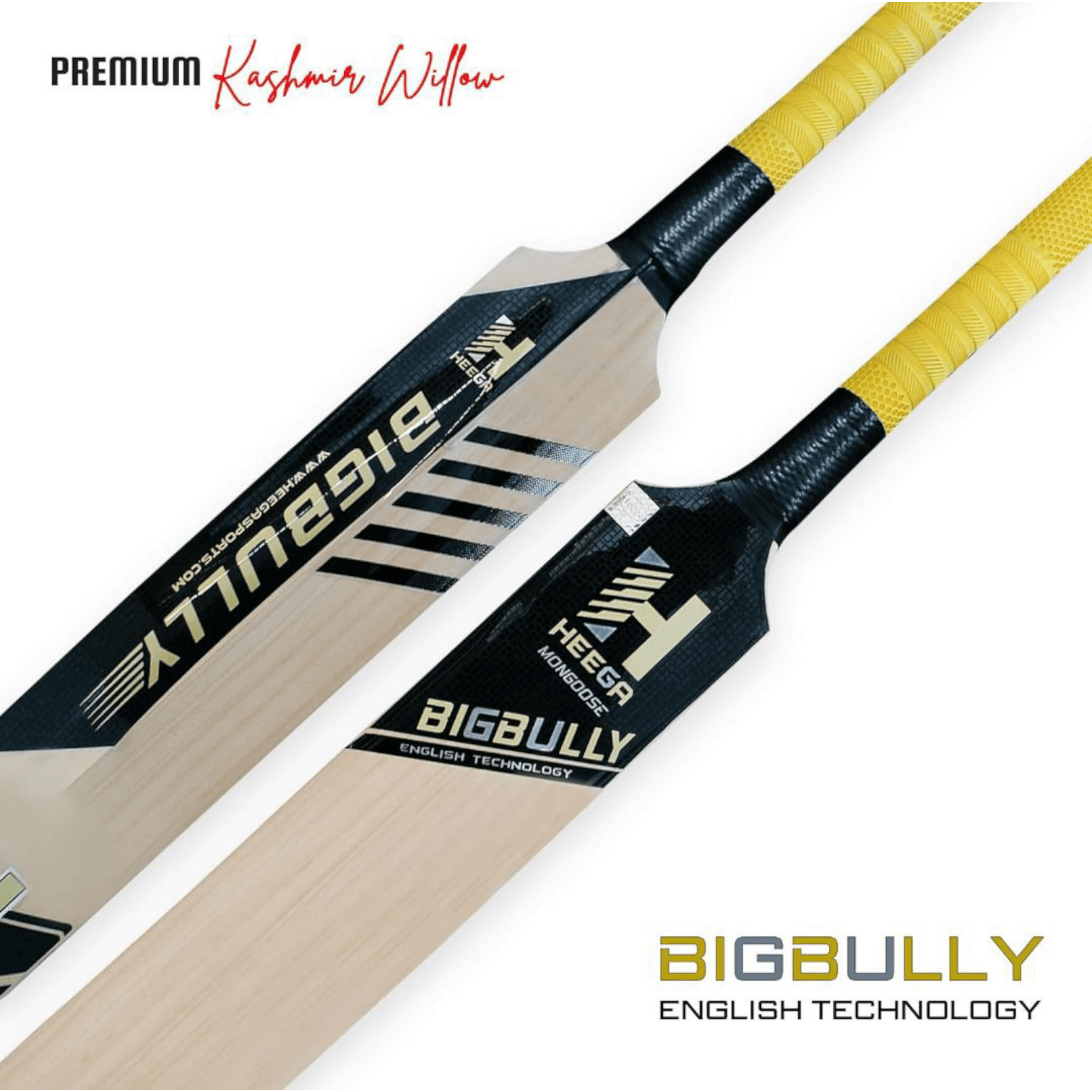 Heega English Technology Bigbully Mongoose Kashmir Willow Cricket bat(Pre-Knocked) | Free Bat Cover | Well Balanced | Short Blade Longer Handle Full Size Adult - StellerGear