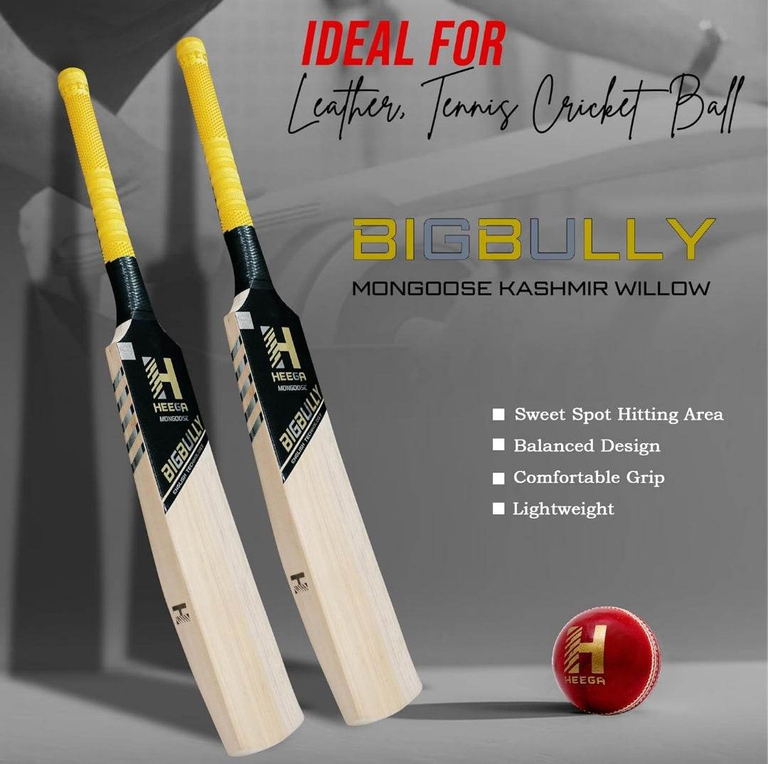 Heega English Technology Bigbully Mongoose Kashmir Willow Cricket bat(Pre-Knocked) | Free Bat Cover | Well Balanced | Short Blade Longer Handle Full Size Adult - StellerGear