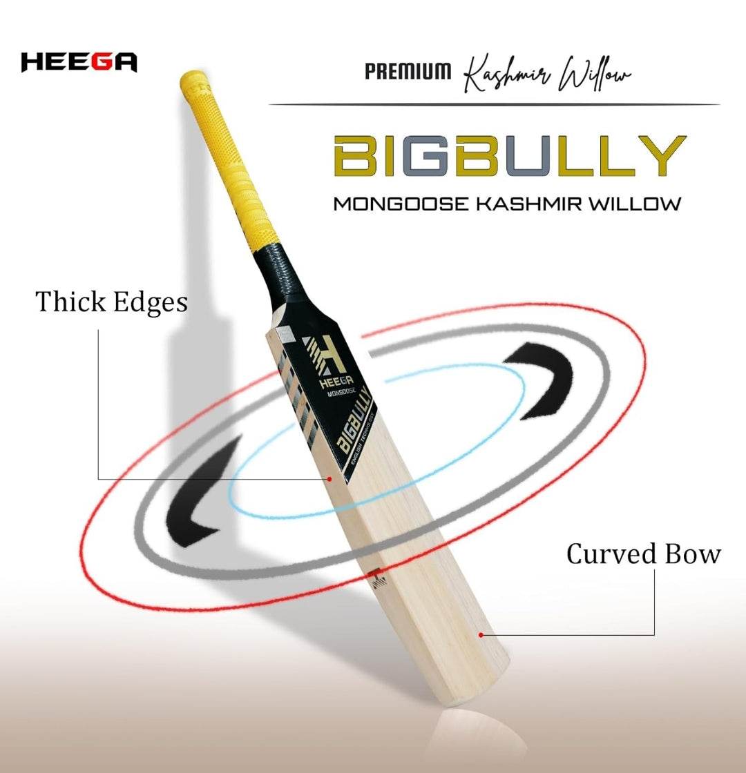 Heega English Technology Bigbully Mongoose Kashmir Willow Cricket bat(Pre-Knocked) | Free Bat Cover | Well Balanced | Short Blade Longer Handle Full Size Adult - StellerGear