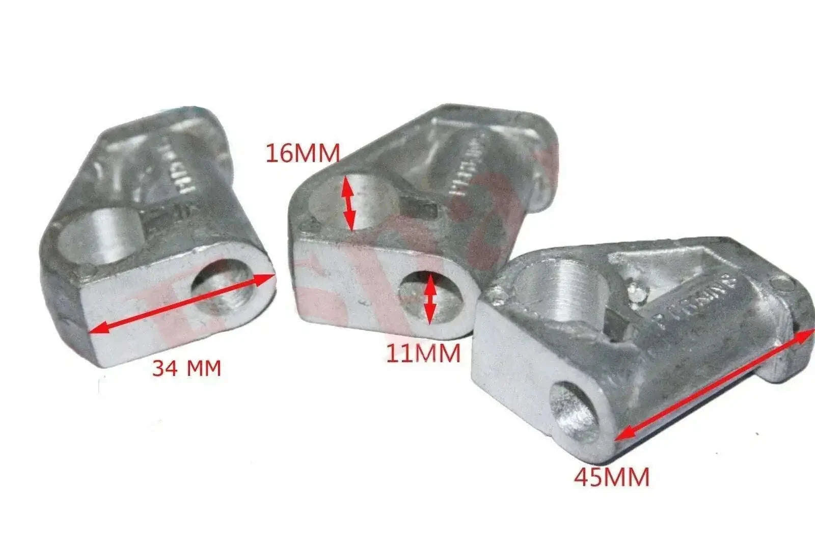 Metal rocker arm shaft bracket set with mounting holes; three pieces shown.