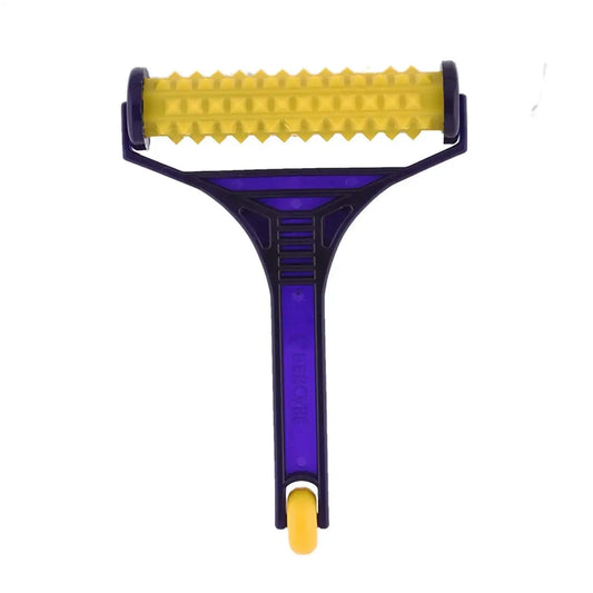 Acupressure energy roller with purple handle and yellow textured roller head