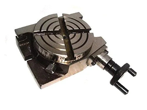 Mini rotary table with circular index scale, locking clamps, and metal body