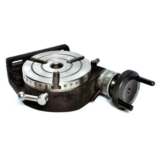 100mm rotary table with 3 slots, MT2 bore, black base and circular scale with handle