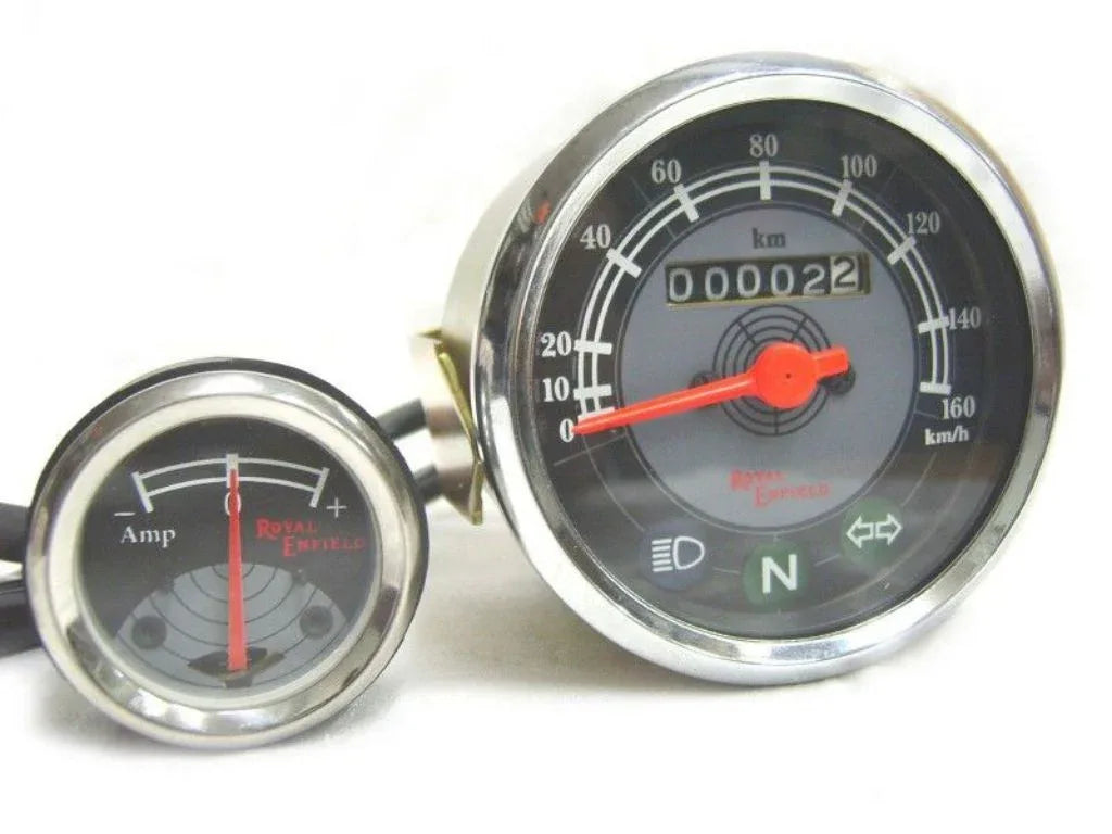 Analog speedometer and ammeter gauges with red needles