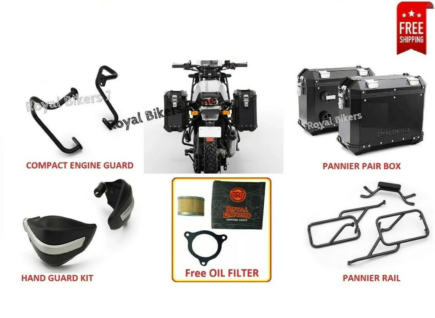 Royal Enfield combo accessories including engine guard, hand guard kit, pannier rails, and boxes for motorcycle protection