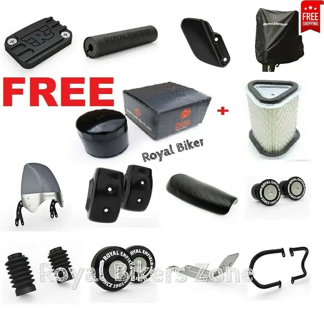 Royal Enfield Interceptor 650 accessories combo pack of black parts, shown laid out