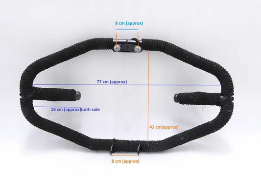 Royal Enfield leg guard crash bar wrapped with black rope, dimensions 77 cm x 43 cm, durable protection accessory