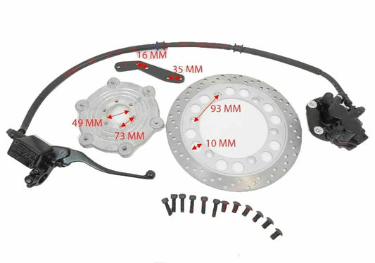 Royal Enfield front disc brake assembly with metal rotor, caliper, and hydraulic line for motorcycle safety
