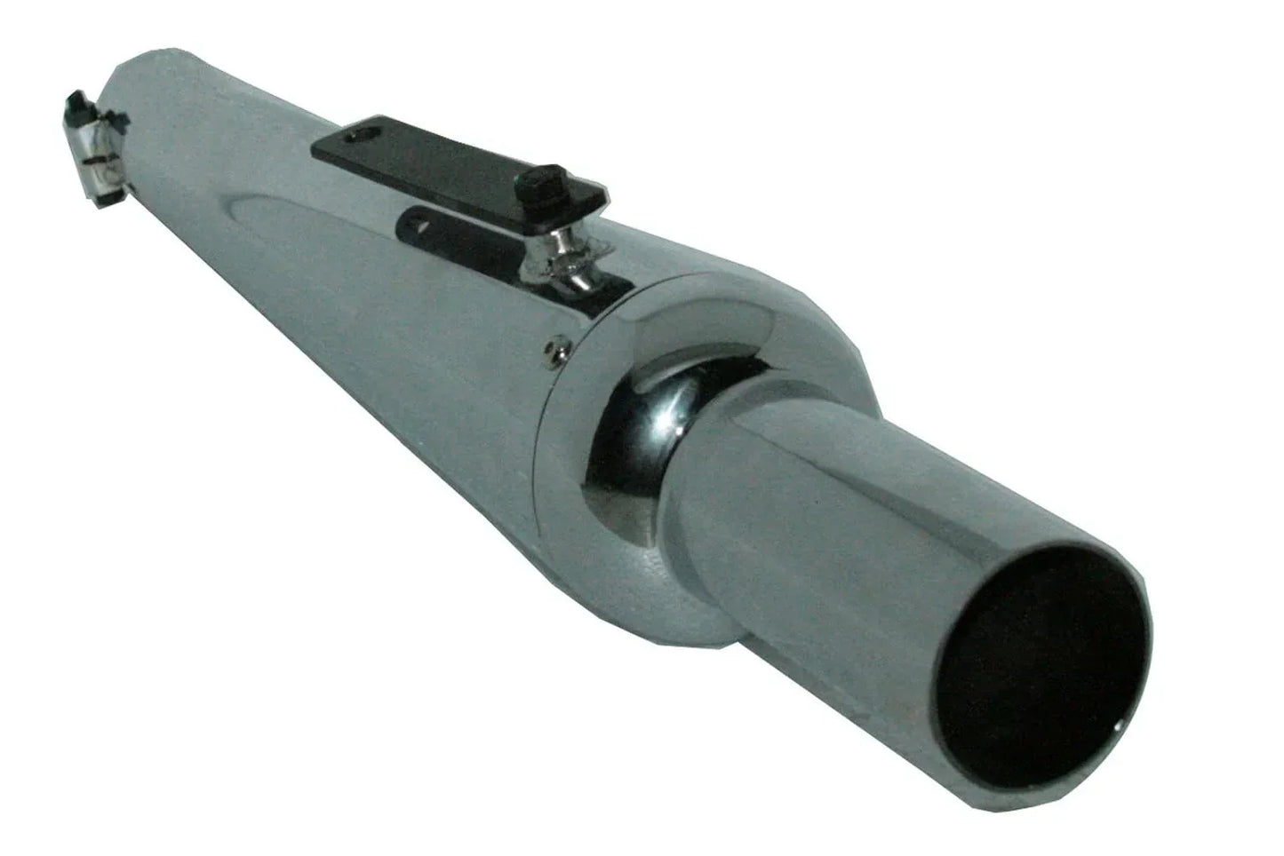 Black powder-coated exhaust silencer bend pipe with angled cylindrical body and open outlet