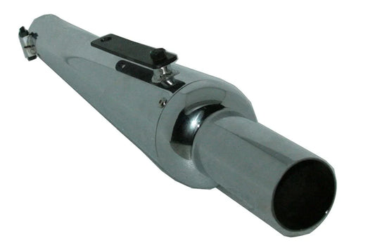 Black powder-coated exhaust silencer bend pipe with angled cylindrical body and open outlet
