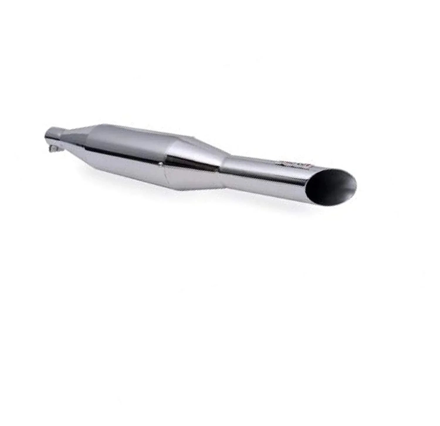 Royal Enfield silencer, chrome finish, designed for improved exhaust flow and sound reduction.