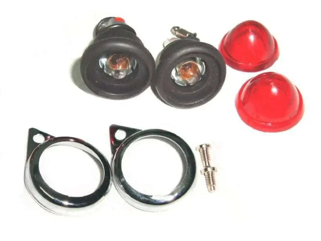 Red pilot lamp assembly set with black bezels, bulbs, and mounting screws