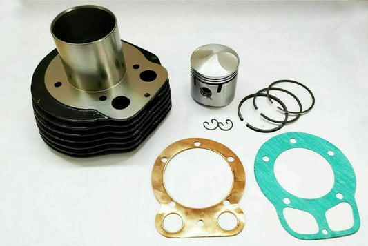 Royal Enfield cylinder barrel and piston kit, includes gaskets and rings for engine repair.