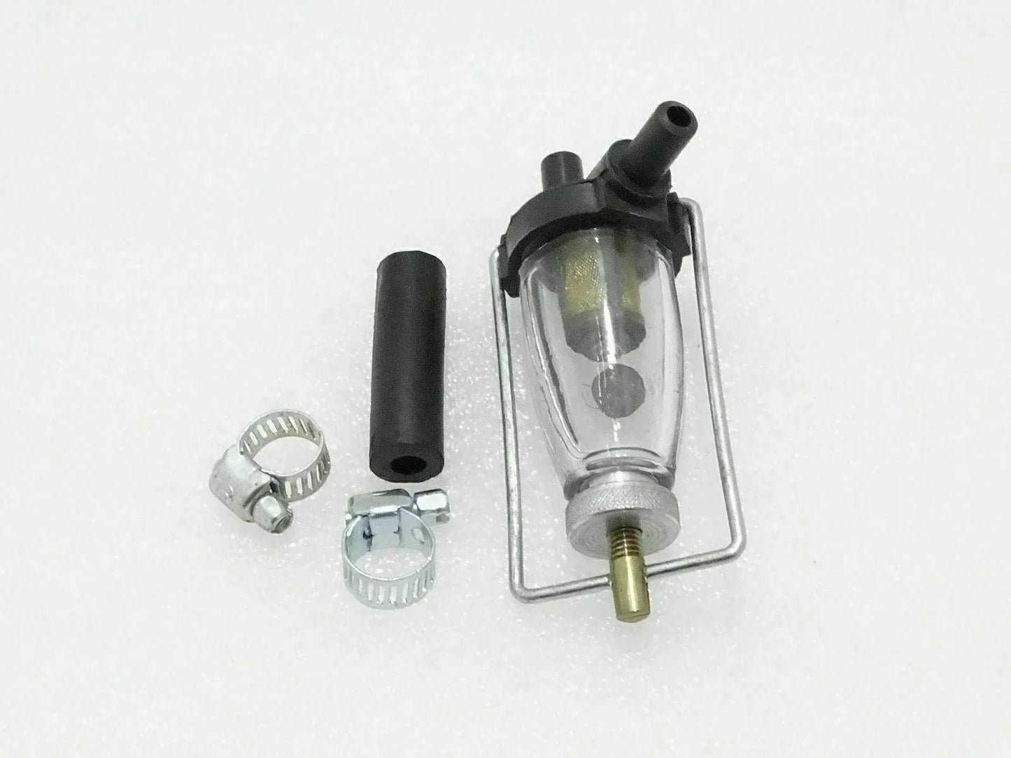 Royal Enfield petrol glass fuel filter kit, transparent, includes clamps and rubber hose for motorcycle fuel systems
