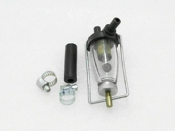 Royal Enfield petrol glass fuel filter kit, transparent, includes clamps and rubber hose for motorcycle fuel systems