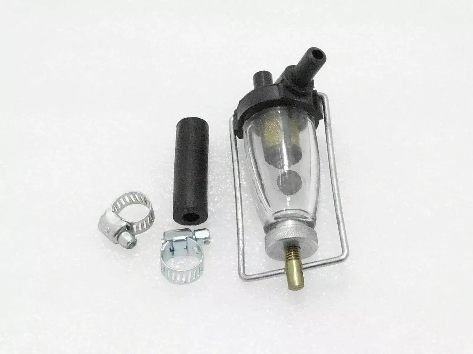 Royal Enfield fuel filter glass bowl with mounting brackets and clamps for efficient filtration