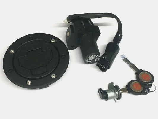 Royal Enfield fuel cap lock set, black plastic, includes keys for secure access and replacement