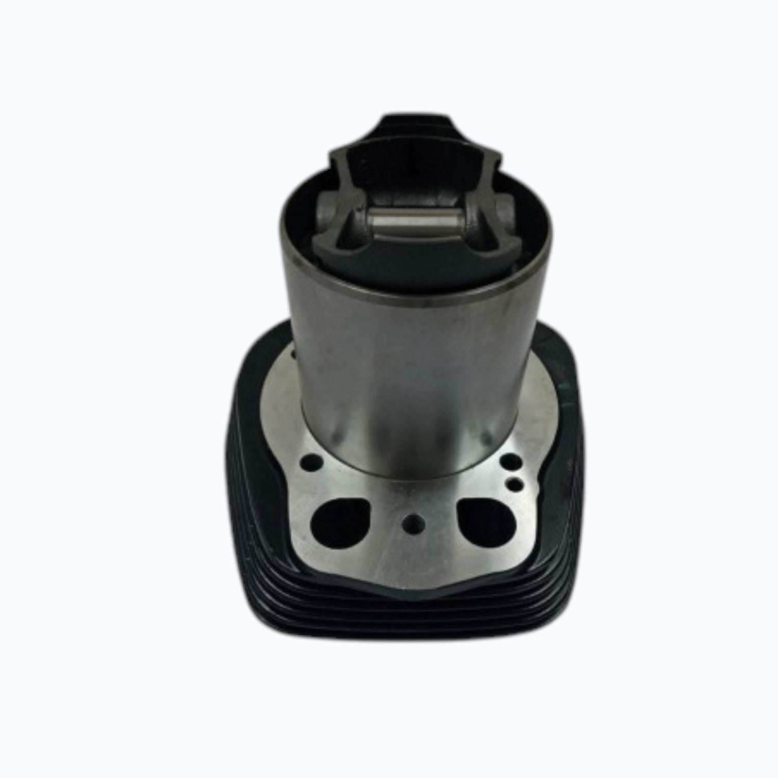 Cylinder barrel and piston assembly, silver cylinder on black finned base