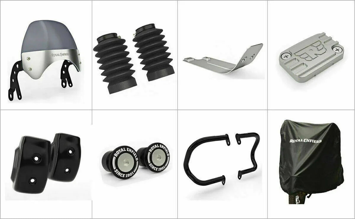 Royal Enfield GT Continental 650 accessory parts including brackets, grips, and covers for enhanced performance