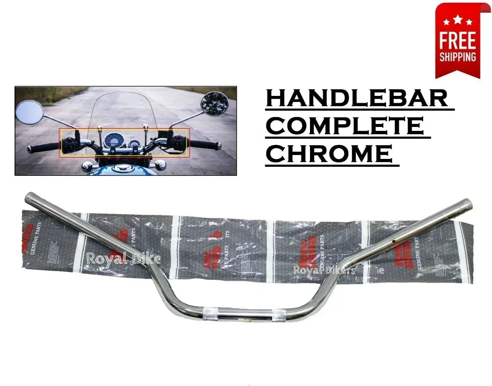 Chrome complete motorcycle handlebar with curved rise