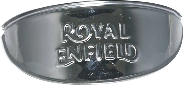 Chrome headlamp peak with engraved Royal Enfield logo