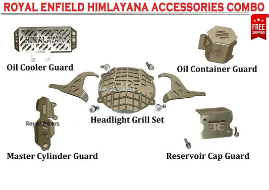 Royal Enfield Himalayana Accessories Combo with oil cooler guard, oil container guard, headlight grill set, and more