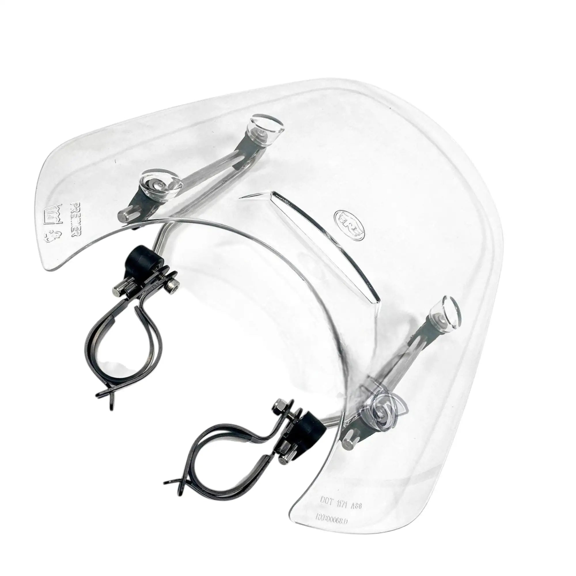 Clear motorcycle touring screen with mounting clamps, bars, and bracket hardware