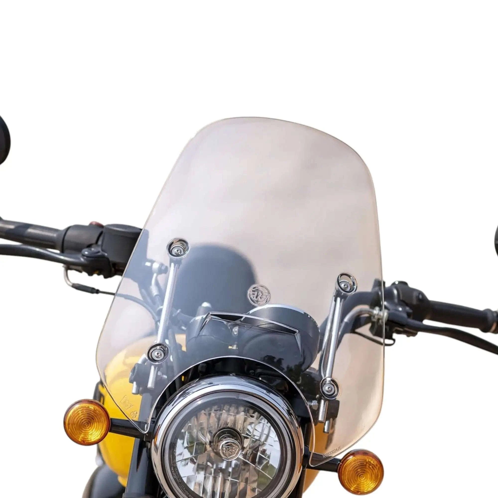 Mounted smoke-tinted motorcycle touring screen with round mounting hardware