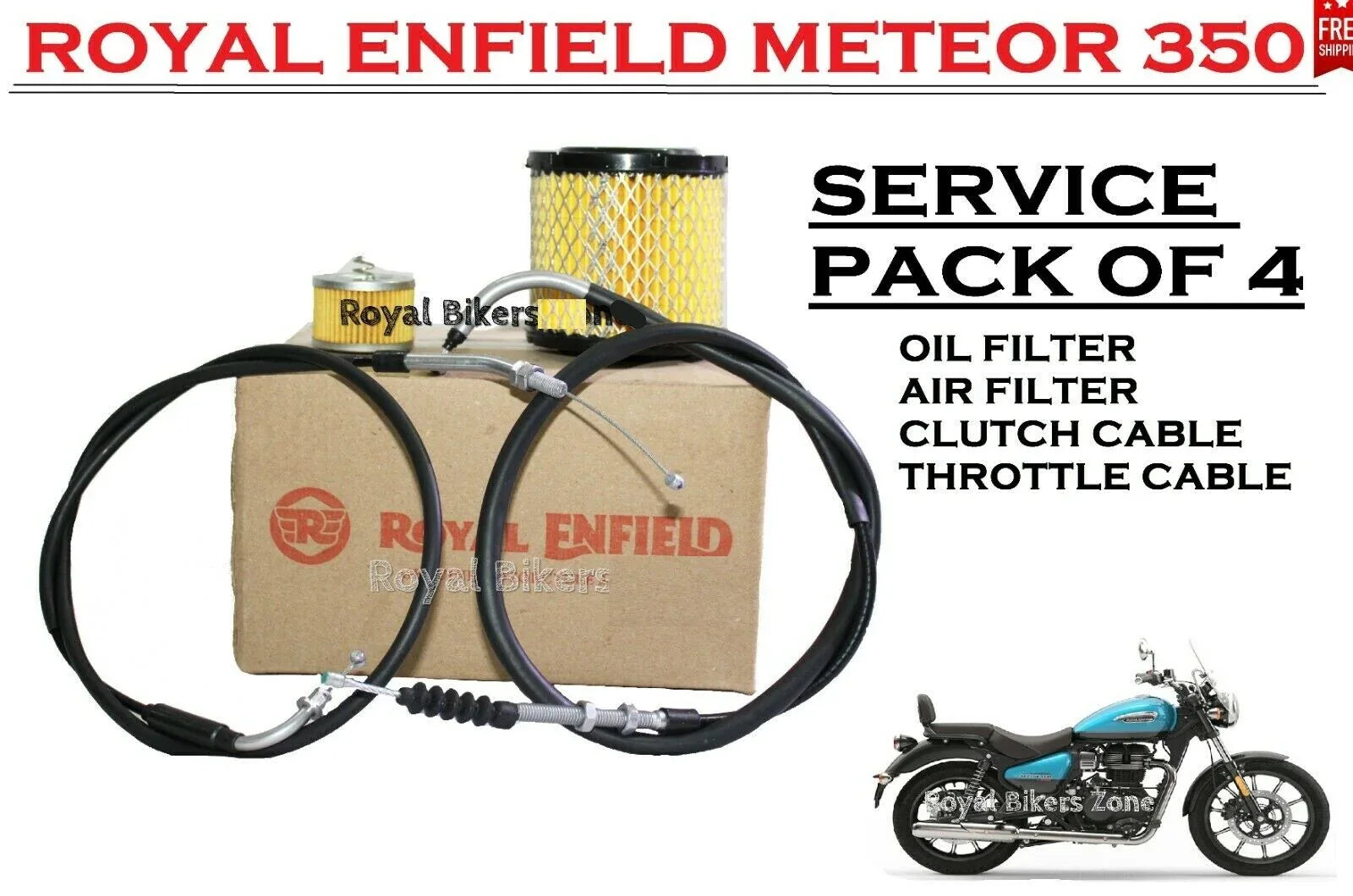 Royal Enfield Meteor 350 service pack with oil filter, air filter, clutch cable, and throttle cable in a pack and ship service