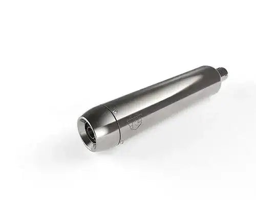 Tapered metal exhaust silencer with circular inlet and end cap, silver
