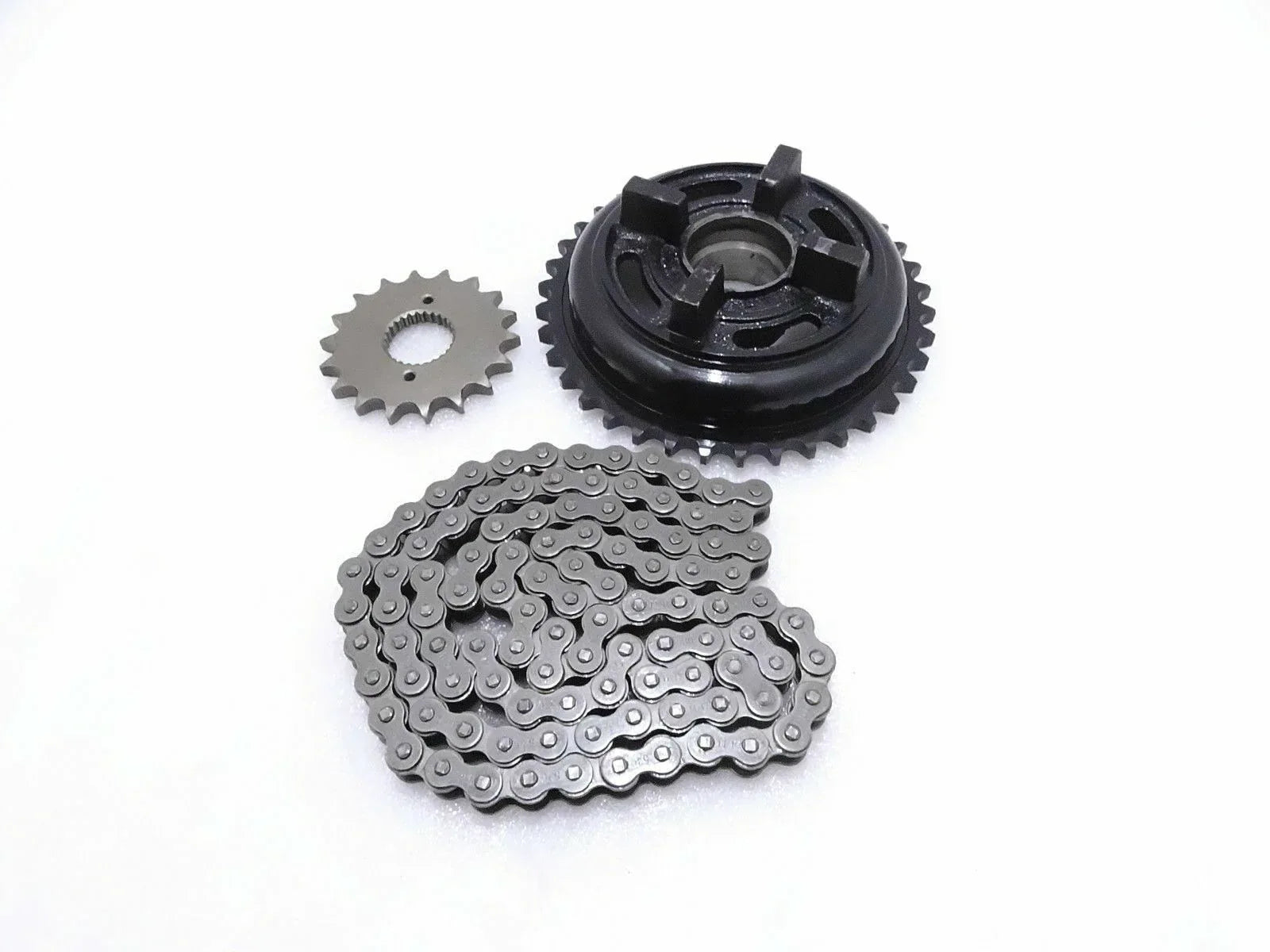 Chain sprockets set for Royal Enfield, includes a large sprocket, small sprocket, and durable chain.