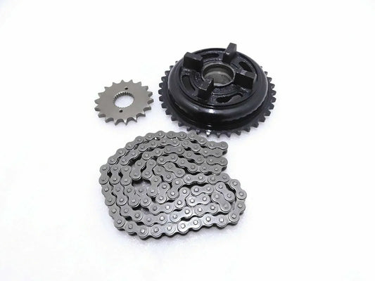 Chain sprockets set for Royal Enfield, includes a large sprocket, small sprocket, and durable chain.