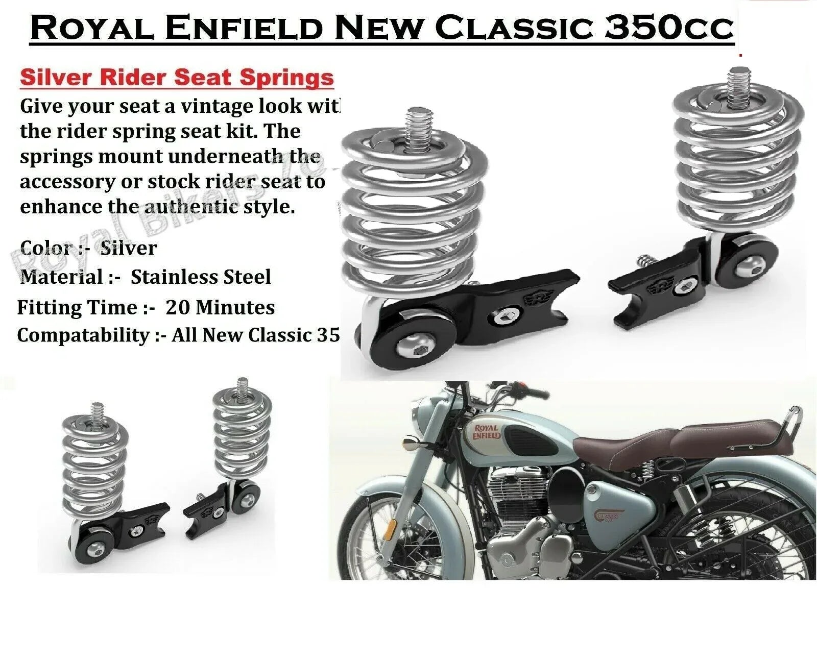 Royal Enfield rider seat springs in silver, stainless steel, designed for vintage style motorcycle seats