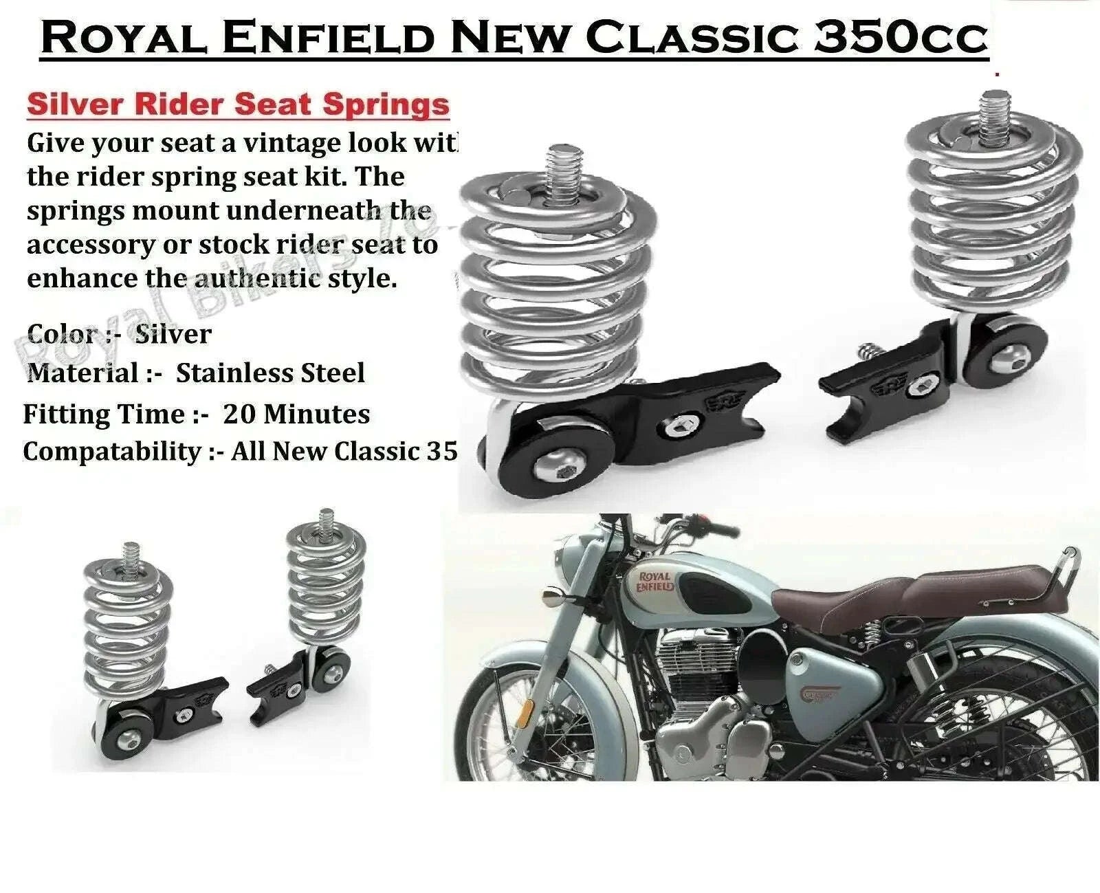 Silver rider seat springs kit with mounting brackets, stainless steel springs