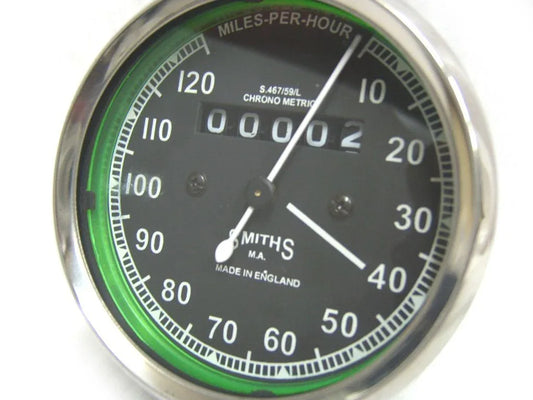 Royal Enfield speedometer gauge, 0-120 MPH, chrome bezel for motorcycles and vehicle accessories