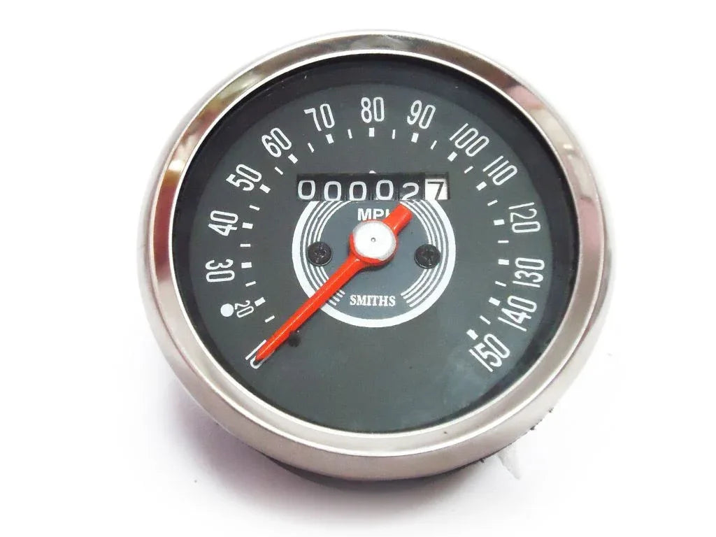 Smiths replica speedometer gauge, black face with 0–150 mph dial