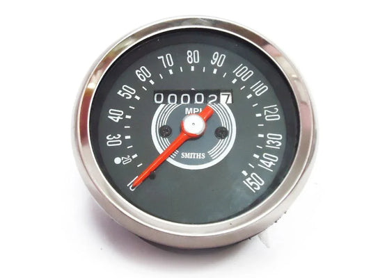 Smiths replica speedometer gauge, black face with 0–150 mph dial