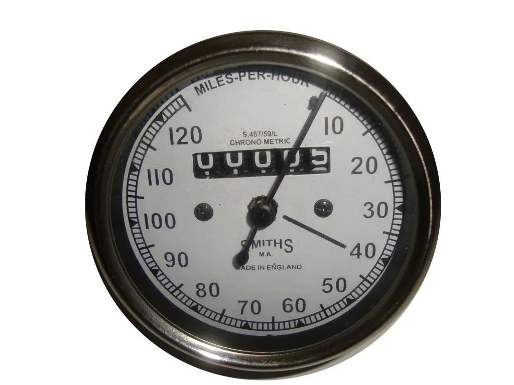 Royal Enfield speedometer gauge, 0-120 MPH, stainless steel, classic motorcycle accessory