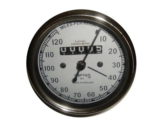 Royal Enfield speedometer gauge, 0-120 MPH, stainless steel, classic motorcycle accessory
