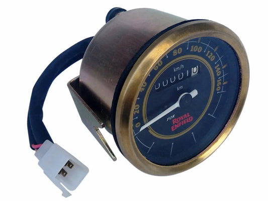 Royal Enfield motorcycle speedometer gauge with blue face and brass bezel