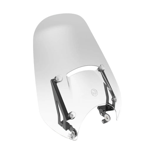 Motorcycle touring windshield screen with black mounting brackets, clear smoked tint