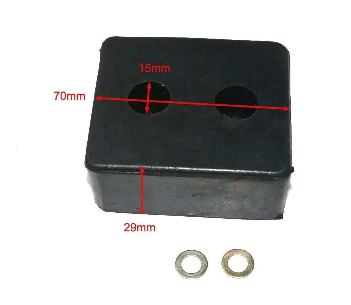 Black rubber bumper pad with two metal washers, rectangular block shape