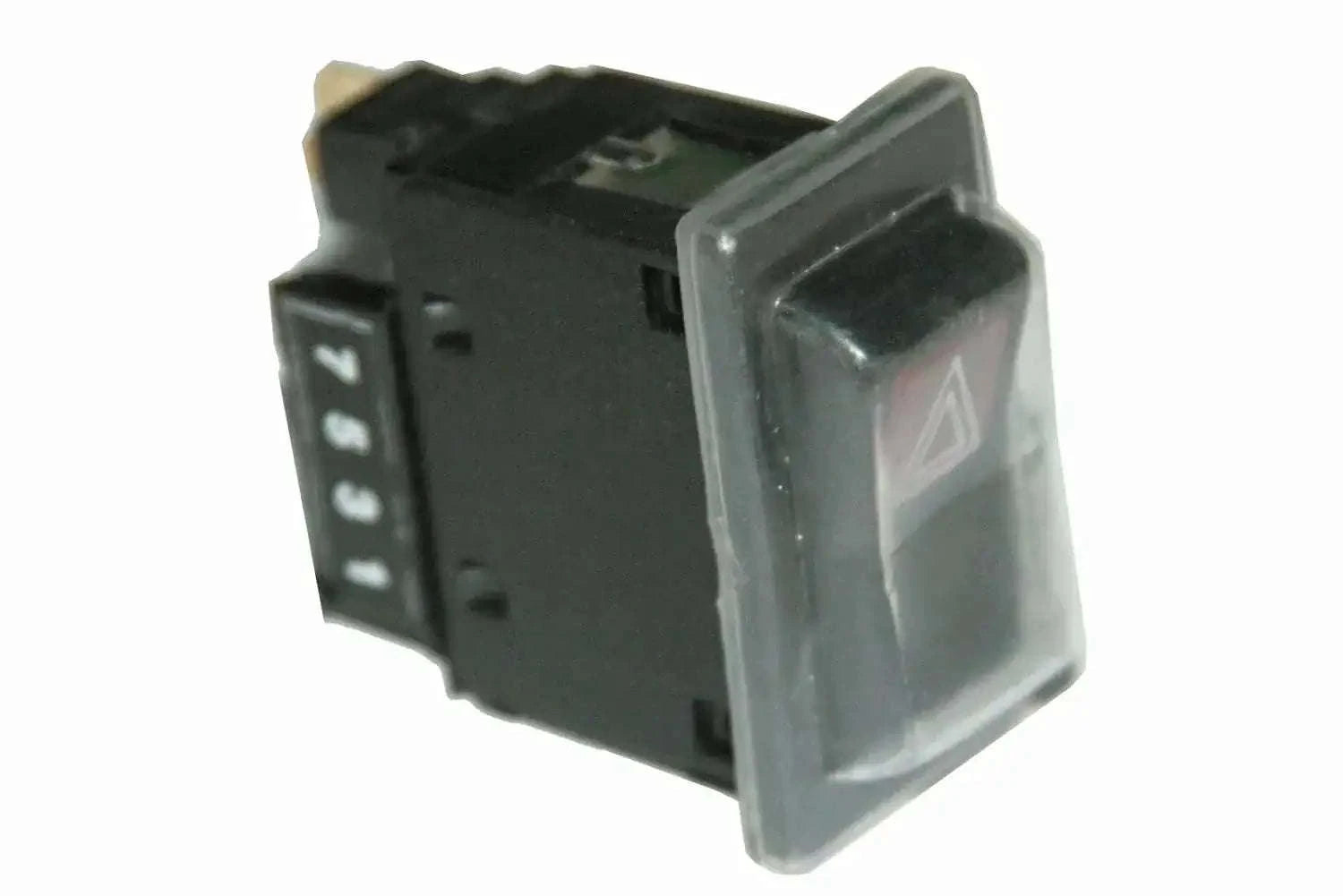 Hazard warning light switch with clear protective cover and triangular indicator