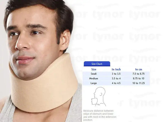 Tynor orthopedic cervical collar in light beige, worn around neck