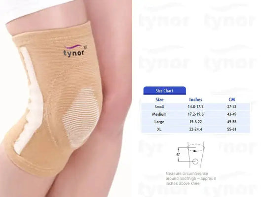 Knee support brace with open patella, beige fabric sleeve, adjustable fit