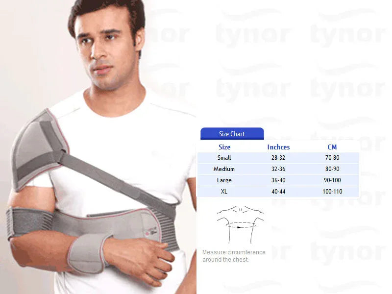 Gray elastic shoulder immobilizer with sling and arm support straps